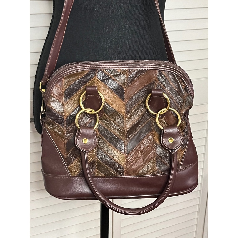 Vtg Carpetbags of America Purse Brown Leather Patchwork Hippie Boho Gypsie - Picture 2 of 6